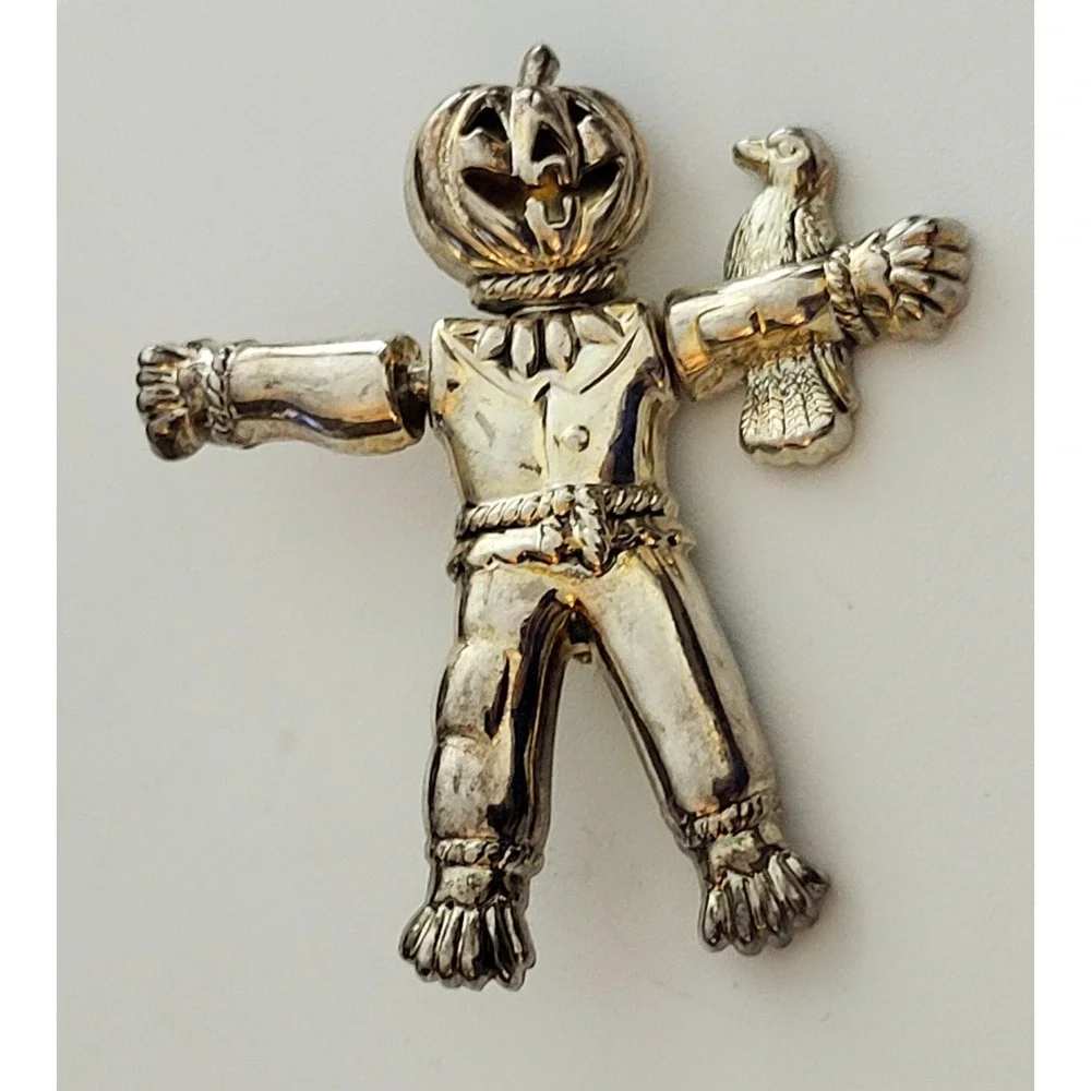 Vintage Best Scarecrow Jointed Brooch Pendant Silver Articulating‎ Halloween Pin